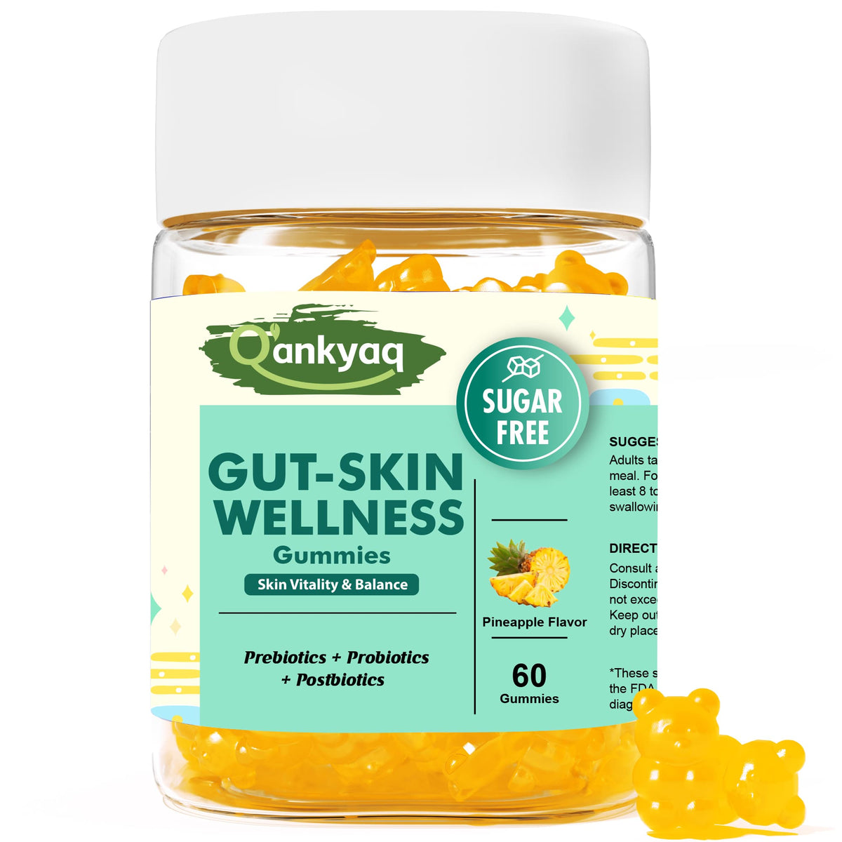 Gut Skin Gummies with Prebiotics, Probiotics & Postbiotics, 60 Counts