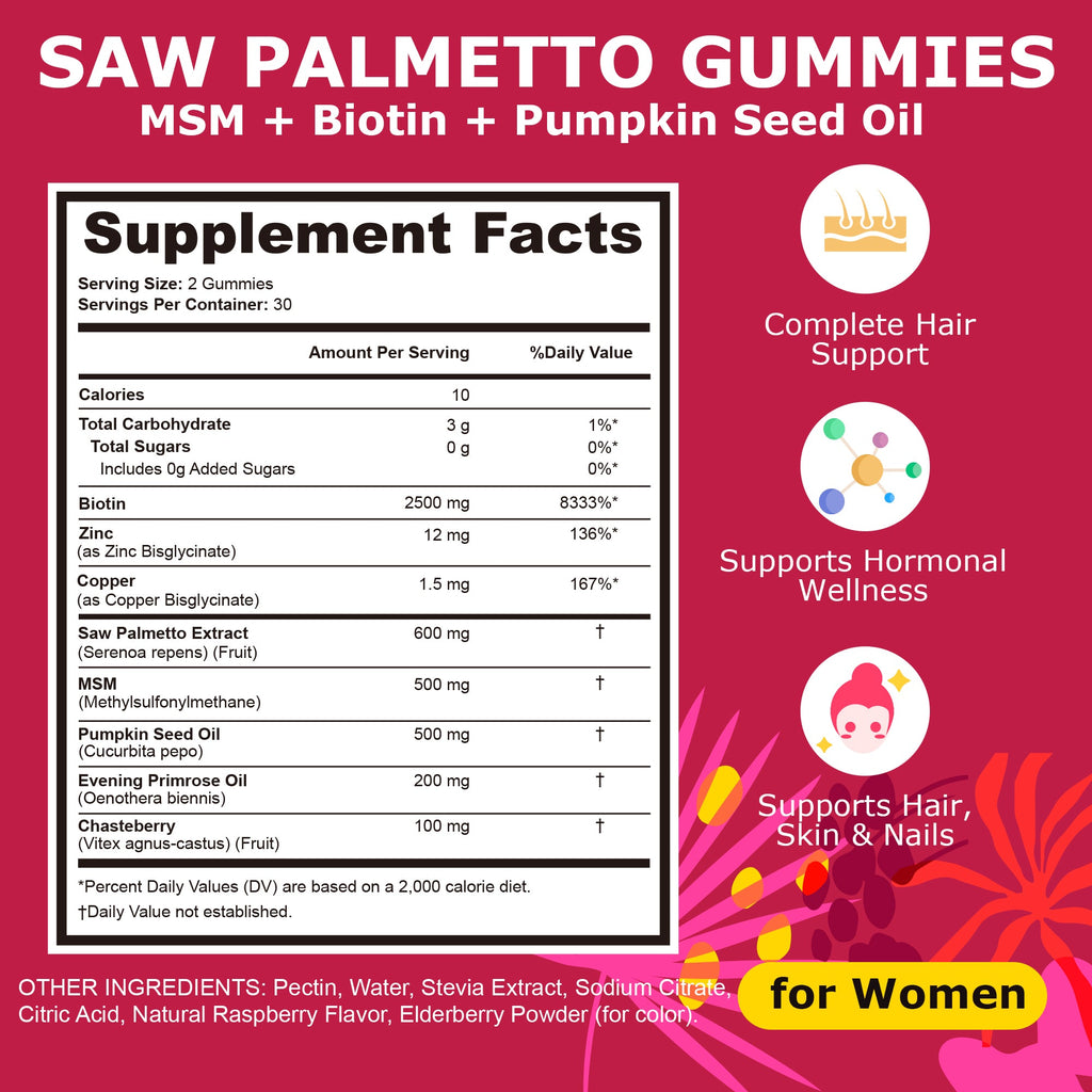 Hair Growth Gummies for Women, Saw Palmetto, Pumpkin Seed Oil & MSM