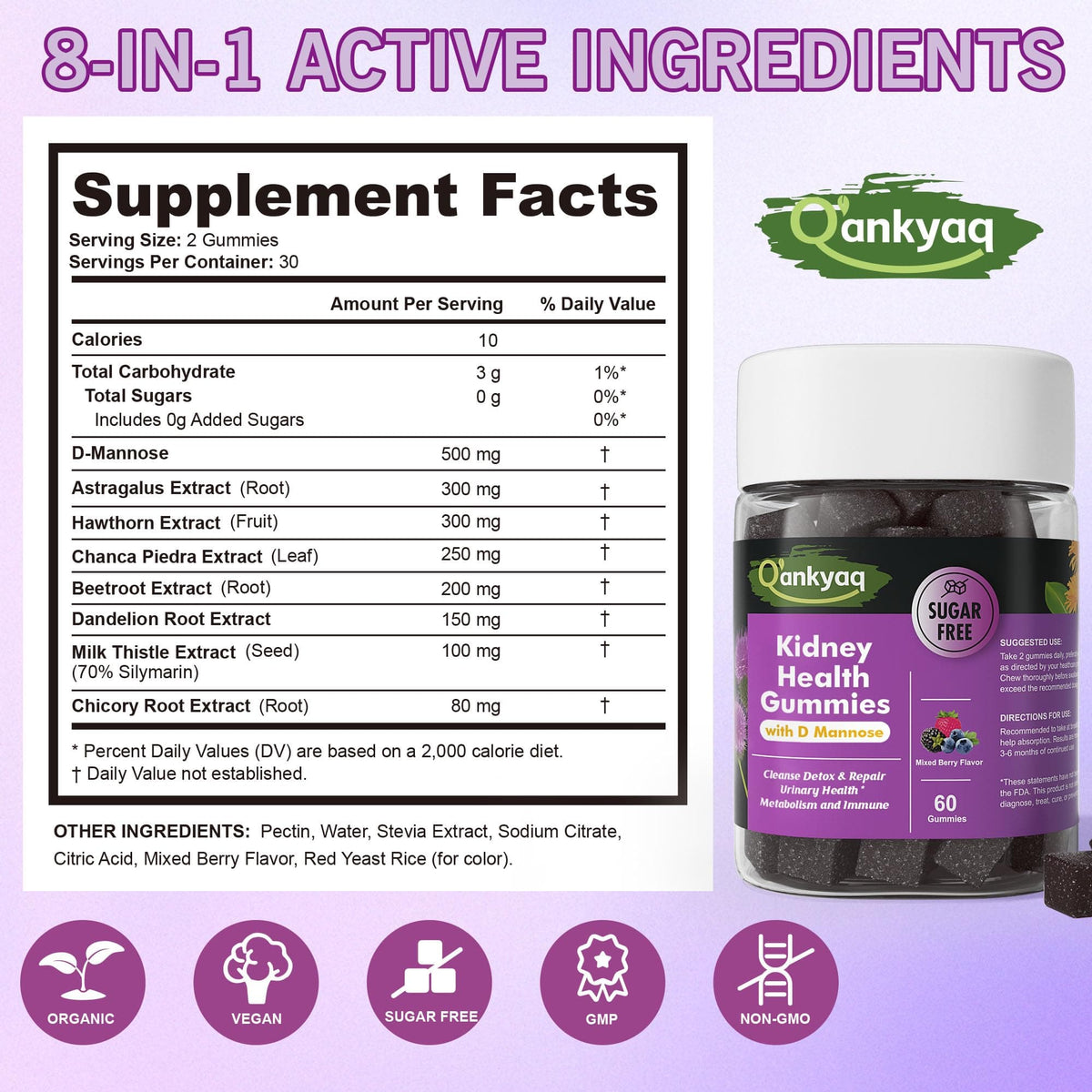 q'ankyaq kidney-support gummies jar, or the drop version — kidney health gummies supplemnts facts — q'ankyaq