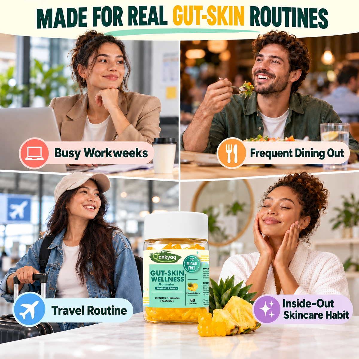 Gut Skin Gummies with Prebiotics, Probiotics & Postbiotics, 60 Counts